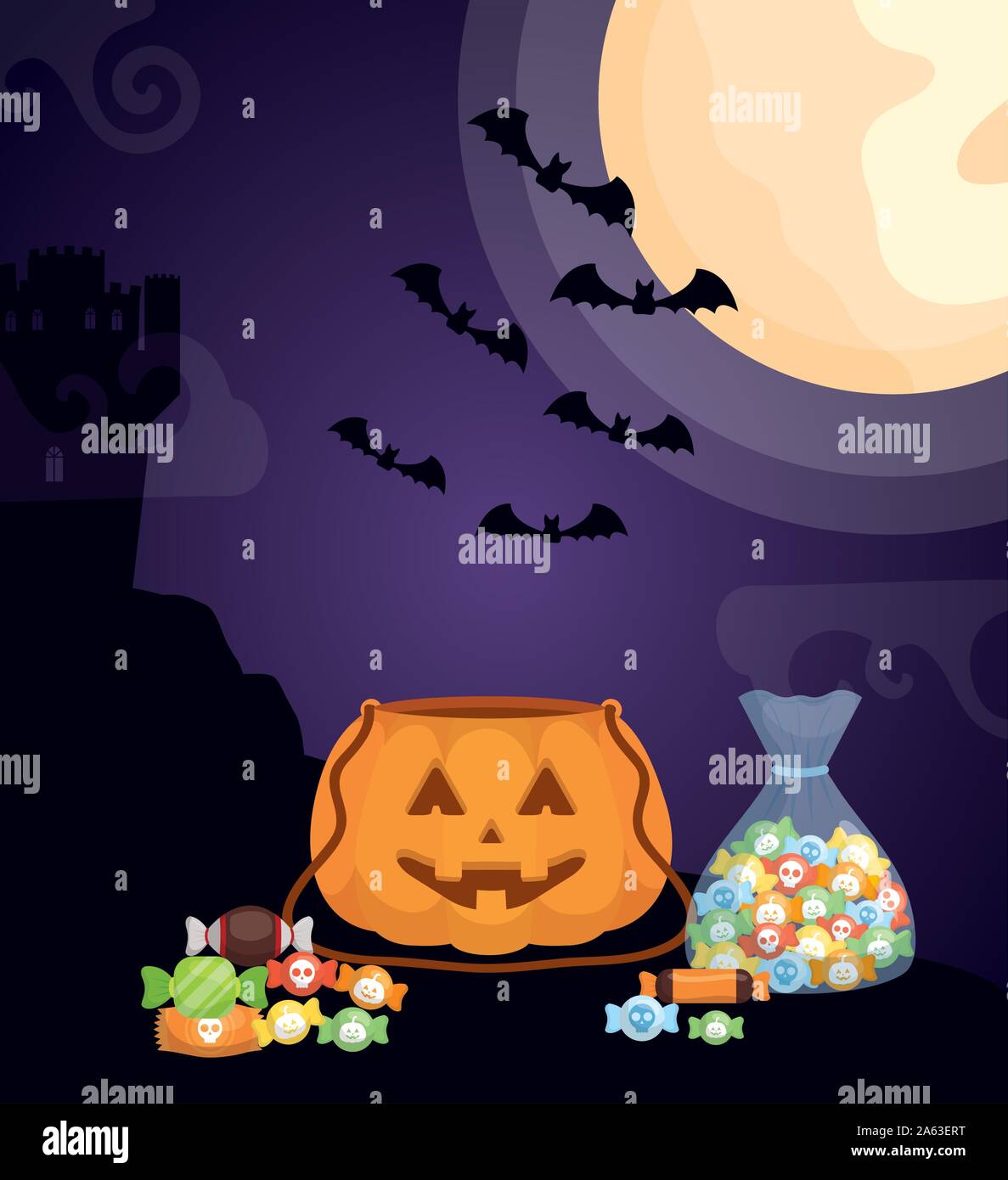 halloween dark scene castle with pumpkins Stock Vector