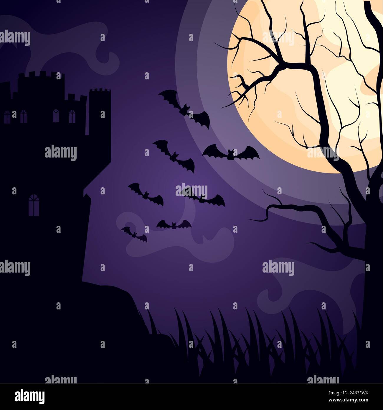 halloween dark scene castle with bats flying Stock Vector Image & Art ...