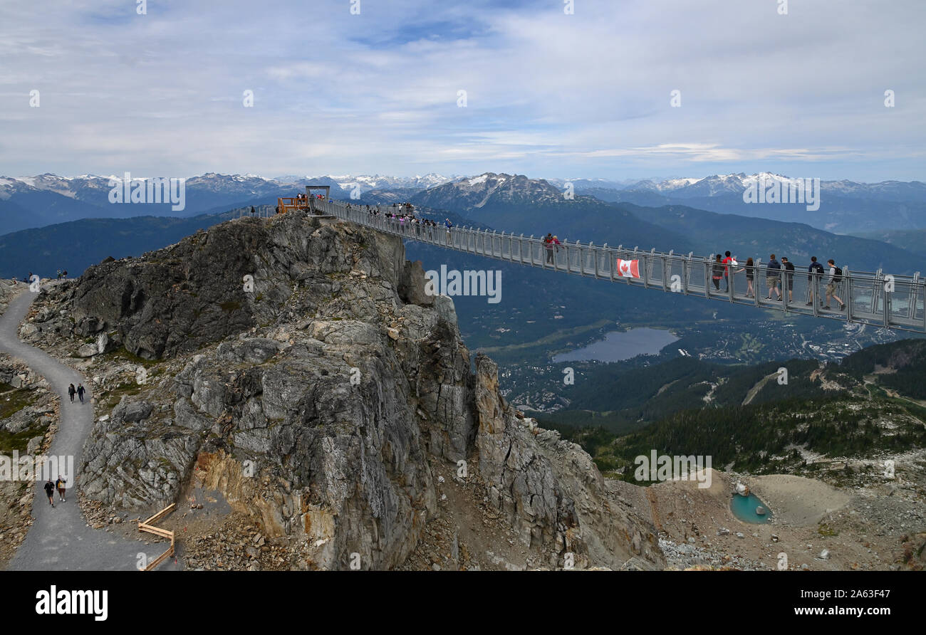 People on the peak to peak suspension bridge, Whistler,   British Columbia, Canada. Stock Photo
