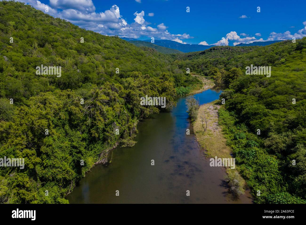 Aerial view of Cuchujaqui River in the Monte Mojino Reserve with an