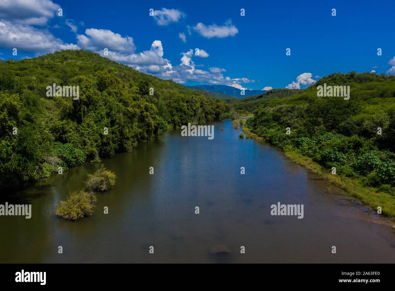Aerial view of Cuchujaqui River in the Monte Mojino Reserve with an