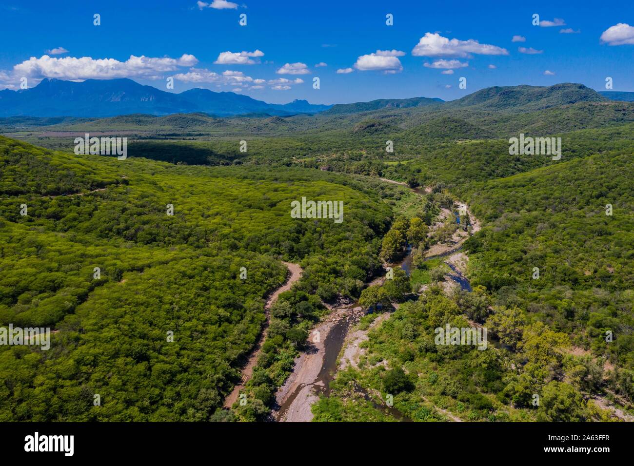 Aerial view of Cuchujaqui River in the Monte Mojino Reserve with an