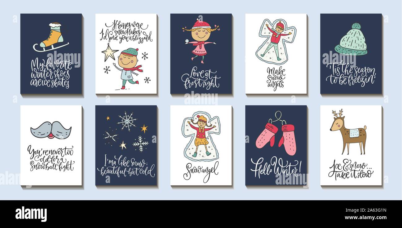 Winter and Christmas vector card set. Calligraphy lettering greeting ...