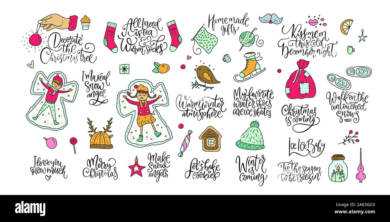 Winter and Christmas vector set. Calligraphy lettering greeting text ...