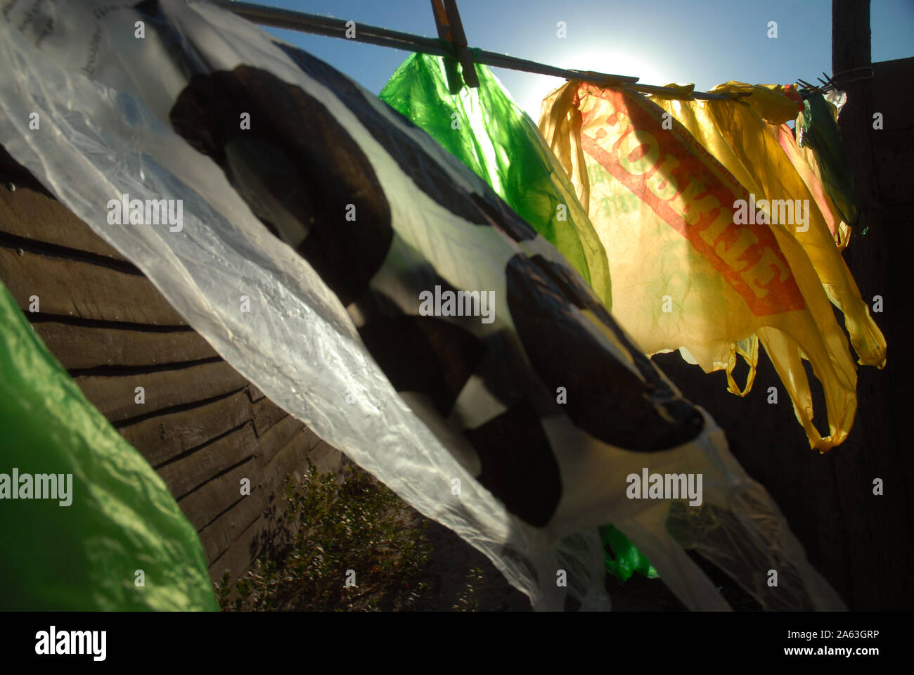Plastic Bags hanging up on washing line, Mwandi, Zambia Stock Photo Alamy