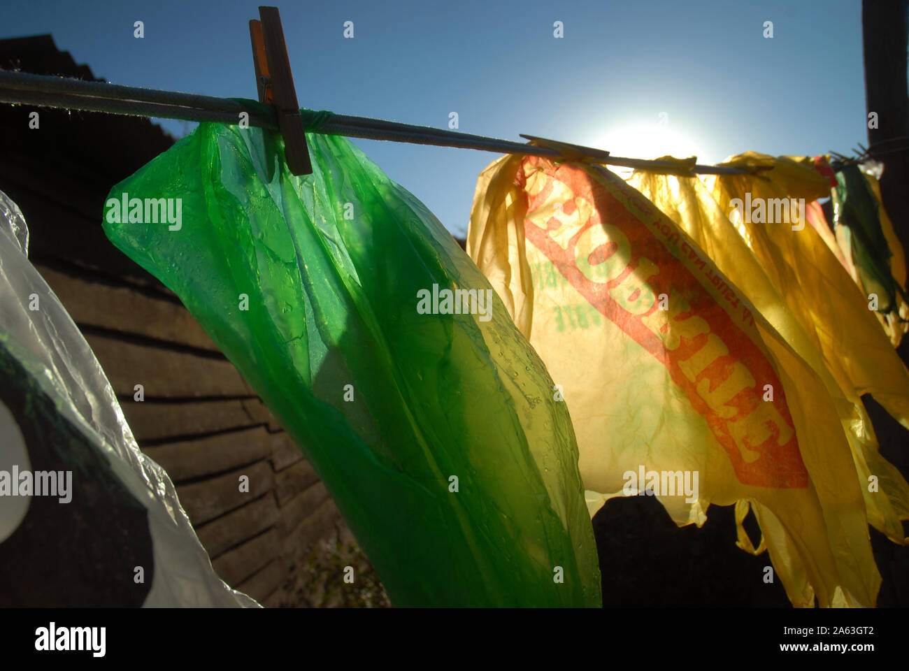 Plastic Bags hanging up on washing line, Mwandi, Zambia Stock Photo Alamy