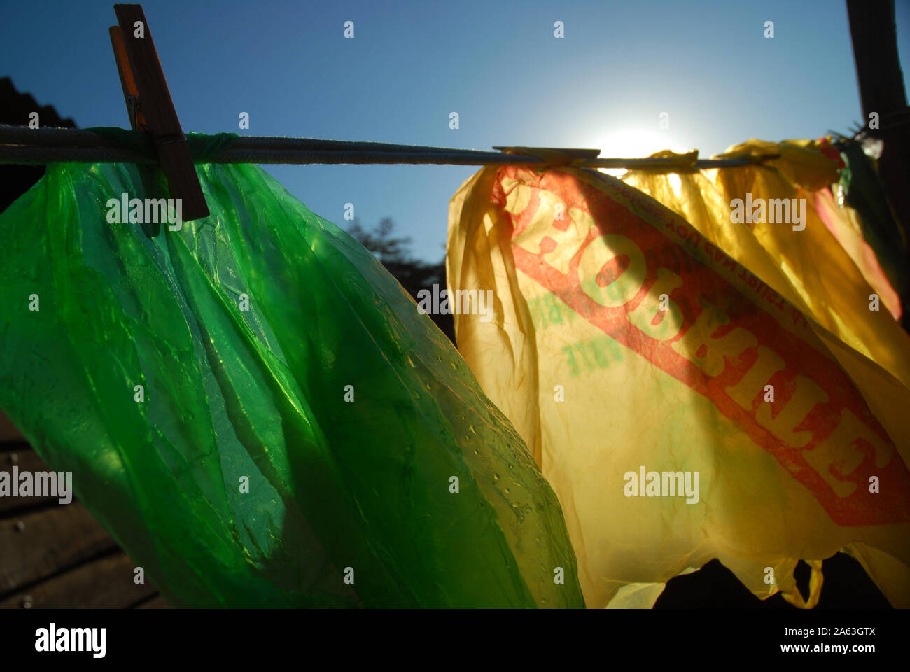 Plastic Bags hanging up on washing line, Mwandi, Zambia Stock Photo Alamy