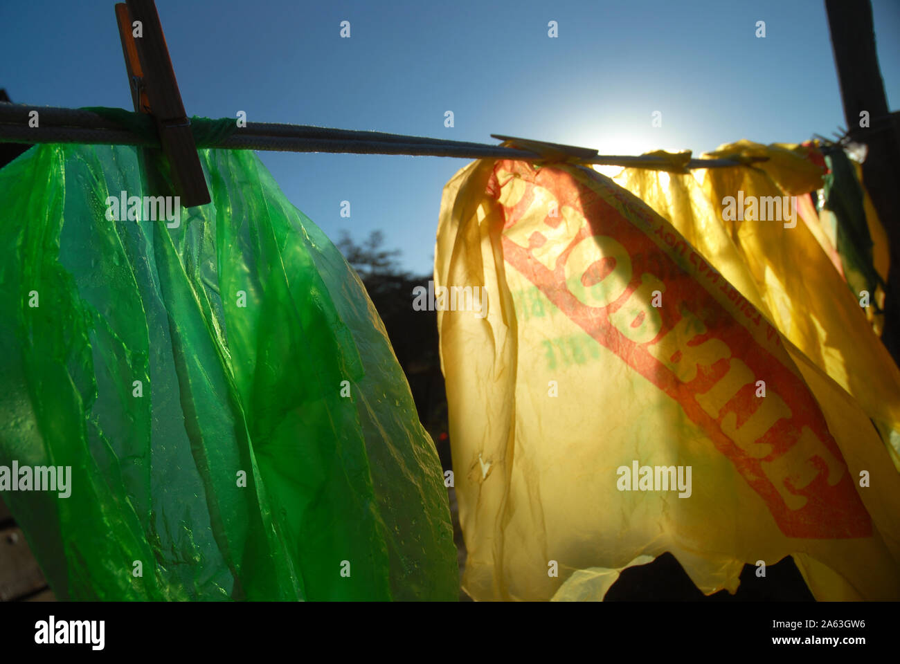 Plastic Bags hanging up on washing line, Mwandi, Zambia Stock Photo Alamy