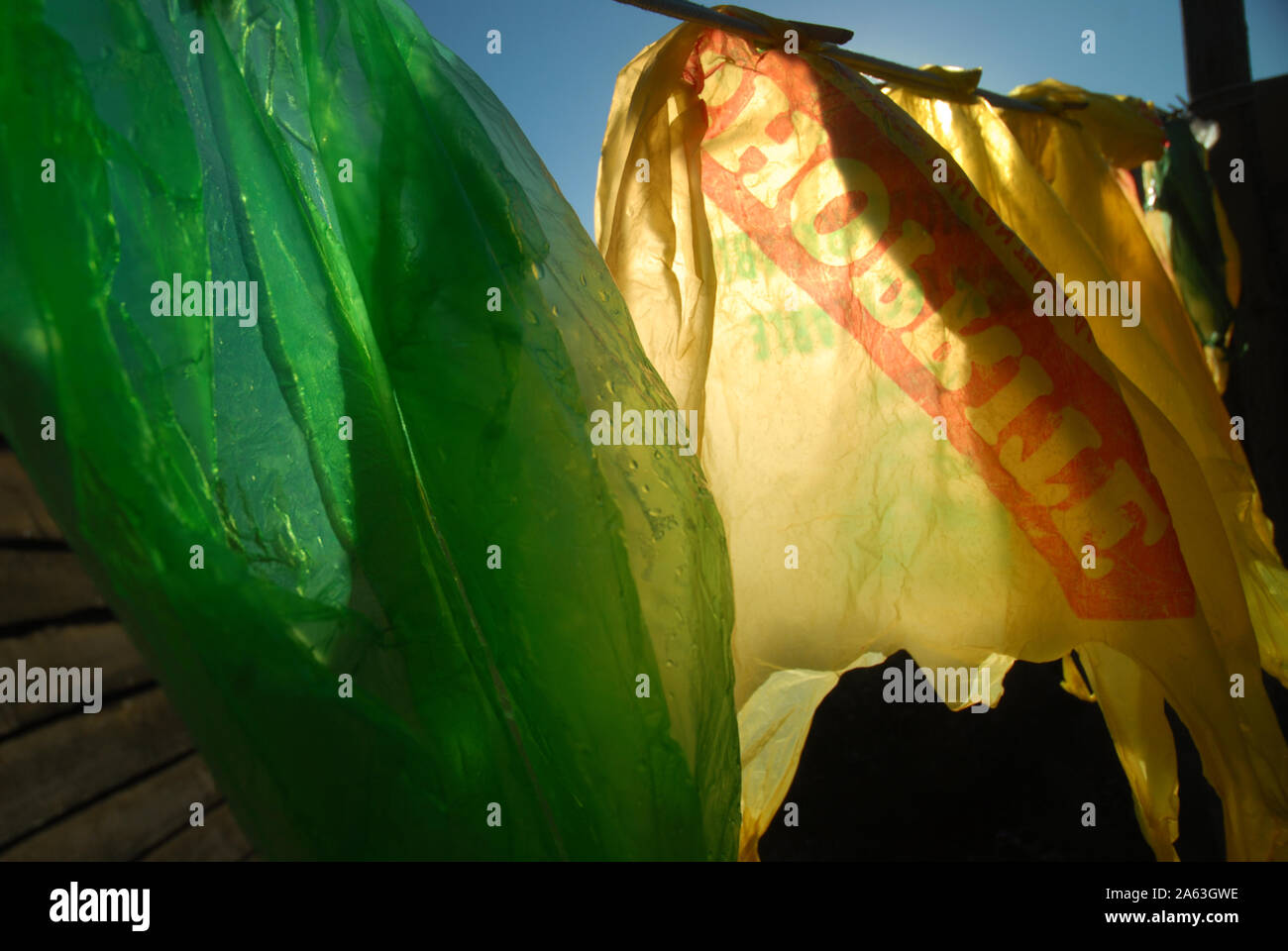 Plastic Bags hanging up on washing line, Mwandi, Zambia Stock Photo Alamy