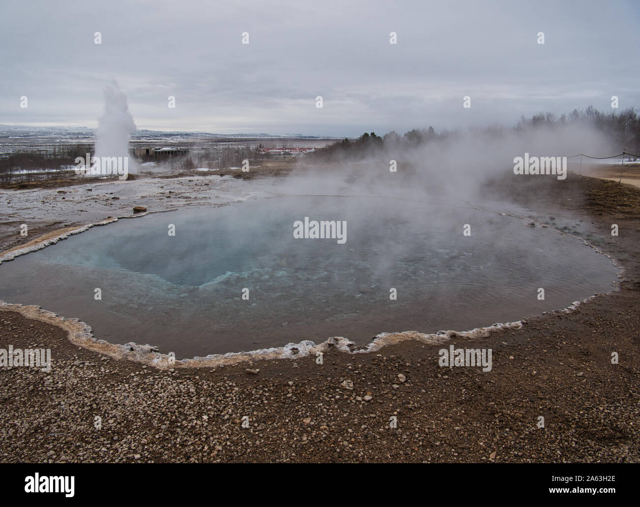 Boiling thermal water with the Great Geyser in the background Stock Photo