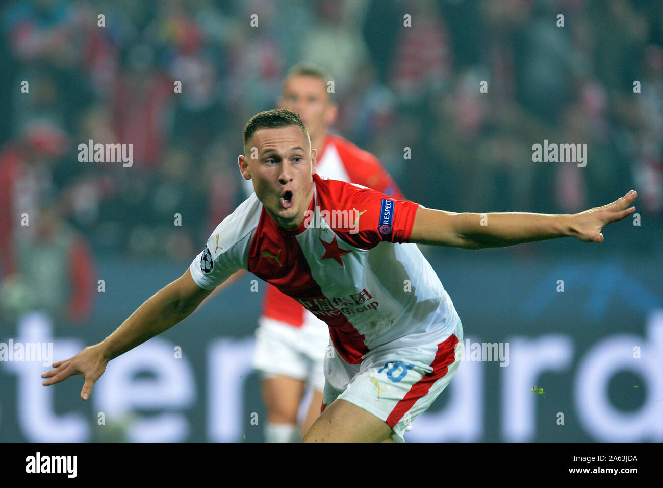 Prague, Czech Republic. 23rd Oct, 2019. JAN BORIL of Slavia Praha  celebrates after scoring goal during the UEFA Champions League, Group F  soccer match between Slavia Prague v FC Barcelona at Sinobo