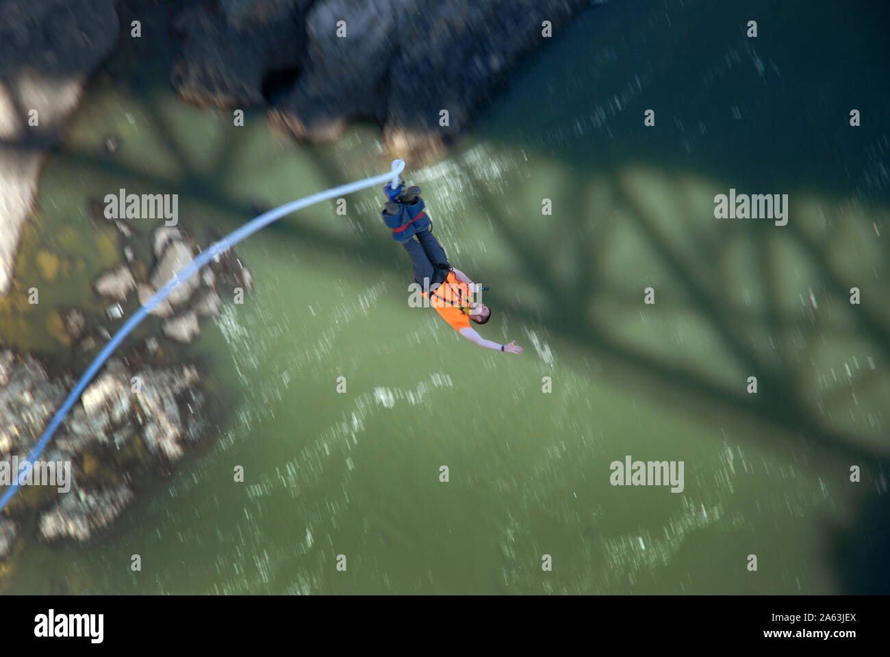 Man bungee jumps off bridge at Victoria Falls, Zimbabwe, Africa Stock