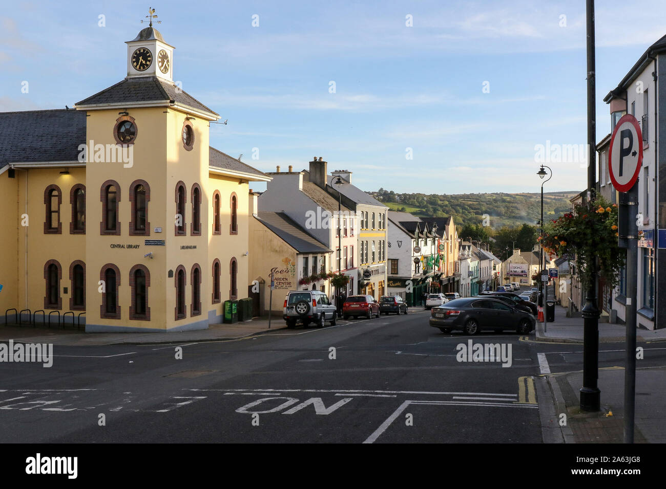 The Central Library and other buildings in Letterkenny, County Donegal, Ireland, looking down Lower Main street. Stock Photo