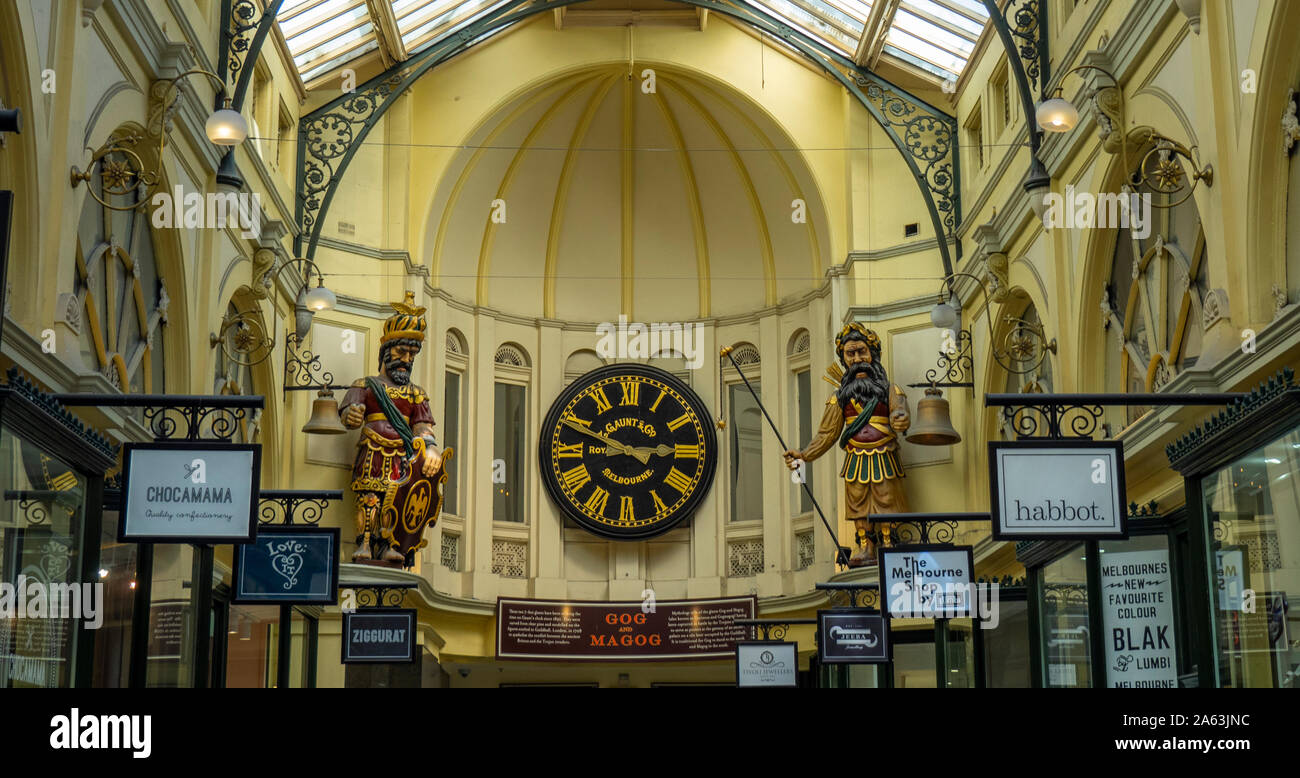Gog and Magog statues either side of a Gaunt & Co clock in Royal Arcade Melbourne Victoria
