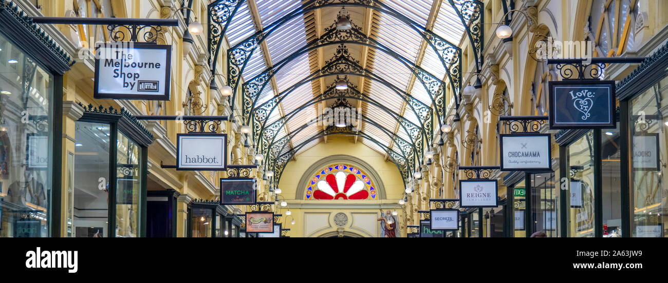Wrought iron and glass roof over retail Royal Arcade Melbourne Victoria Australia. Stock Photo
