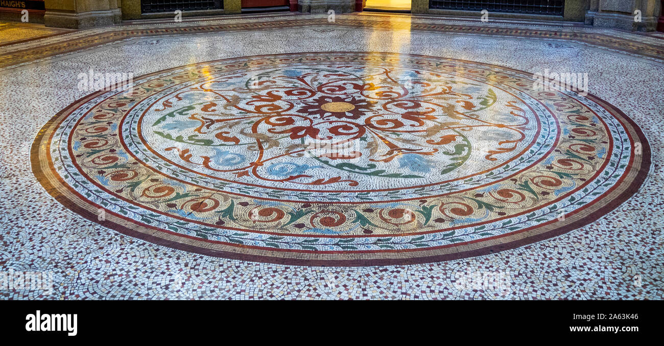 Circular mosaic flooring in the central atrium of the Block Arcade Melbourne Victoria Australia. Stock Photo