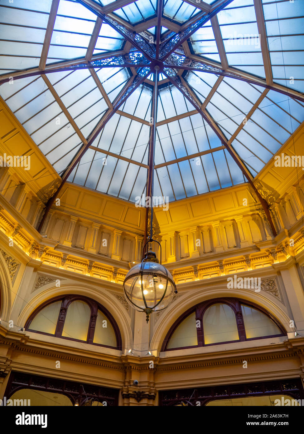 Wrought iron and glass dome roof in centre of Block Arcade Melbourne Victoria Australia. Stock Photo