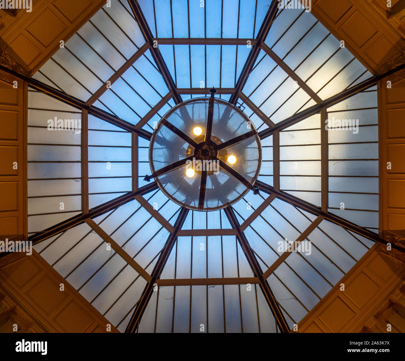 Wrought iron and glass dome roof in centre of Block Arcade Melbourne Victoria Australia. Stock Photo
