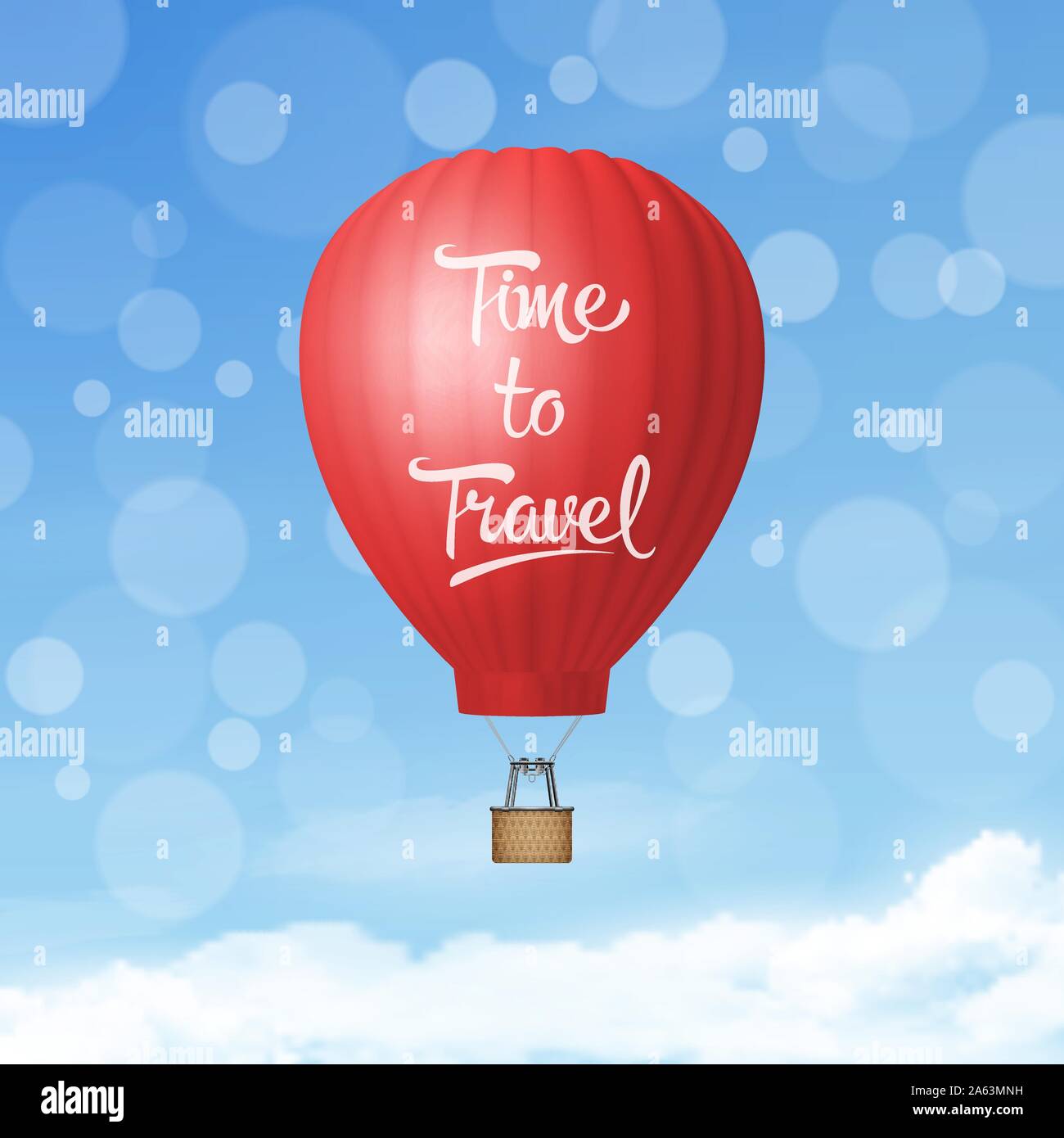 Vector 3d Realistic Red Hot Air Balloon on Blue Sky Background. Time to Travel. Design Template of Blank Aerostat for Summer Vacation, Travelling Stock Vector