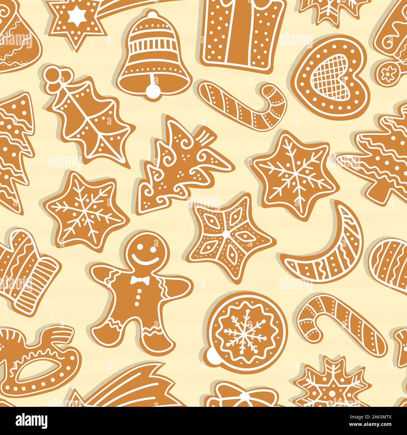 Gingerbread men and Christmas tree, star, bell, house, cane, heart, ball, crescent, present, mistletoe. Vector Christmas seamless pattern with gingerb Stock Vector