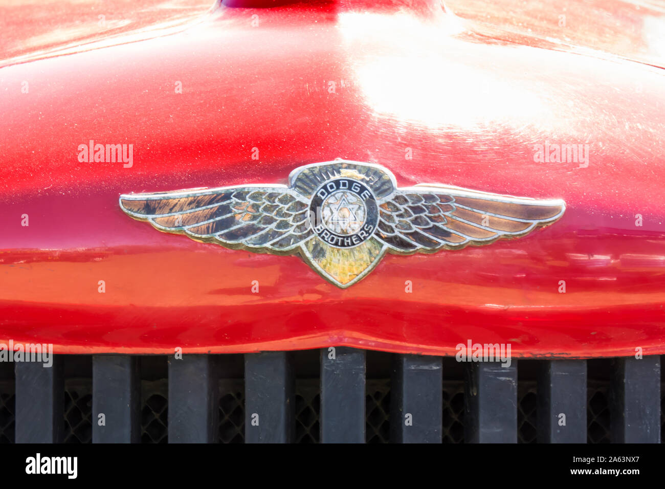 Dodge Brothers badge on the hood of a vintage fire engine Stock Photo