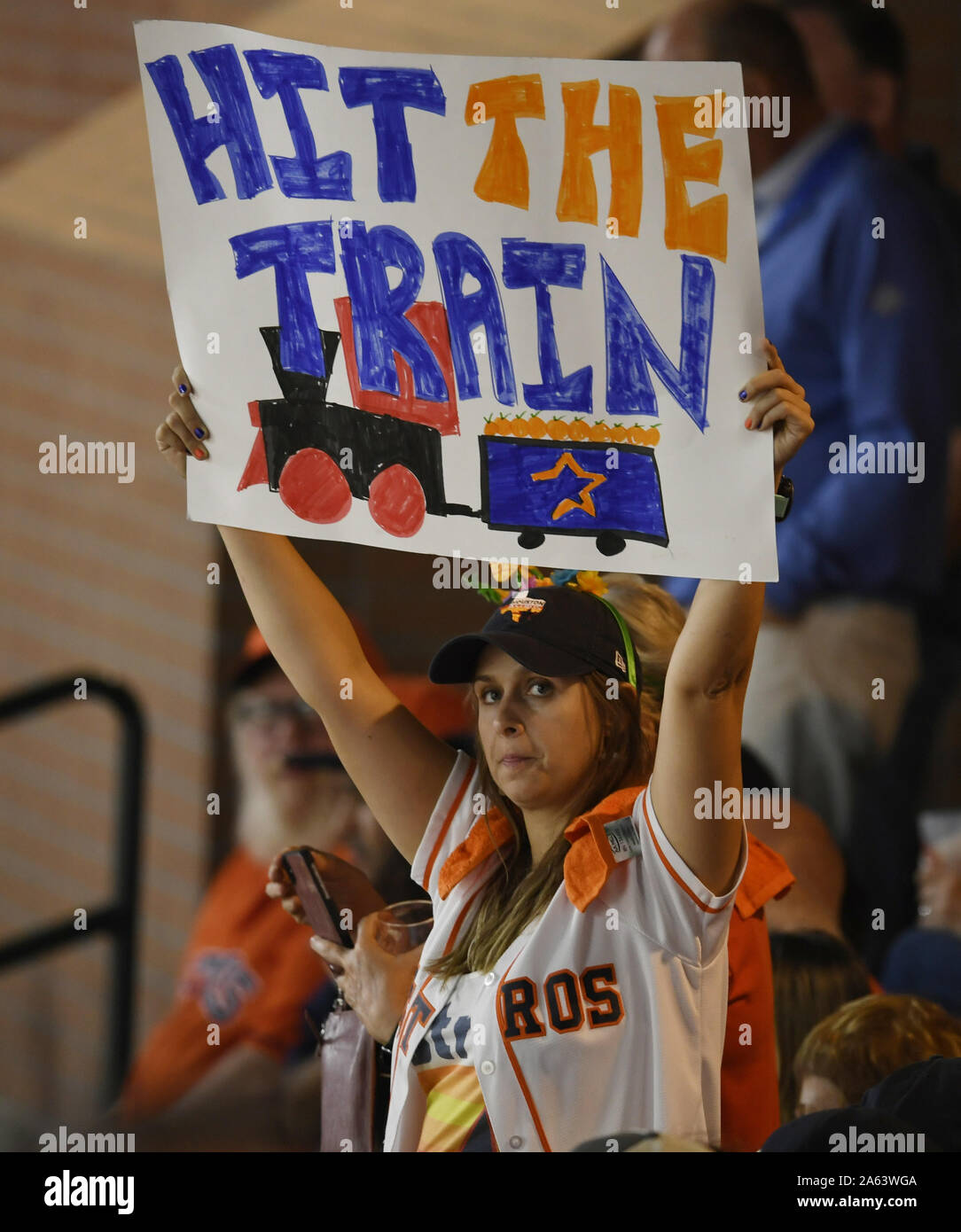 Houston, United States. 23rd Oct, 2019. A fan holds up a sign during the first inning of Game 2 of the World Series with the Washington Nationals against the Houston Astros at Minute Maid Park in Houston, Texas on Wednesday, October 23, 2019. The Nationals lead the best-of-seven series 1-0. Photo by Trask Smith/UPI Credit: UPI/Alamy Live News Stock Photo