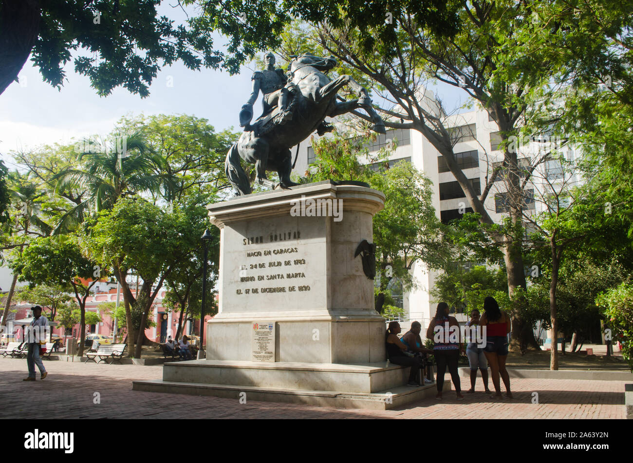 Equestrian statue of Simón Bolívar in Santa Marta. This statue portrays Bolívar on horseback, symbolizing his leadership and contributions. Stock Photo