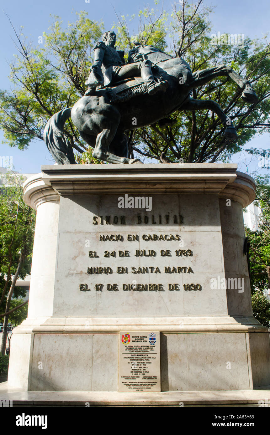 Equestrian statue of Simón Bolívar in Santa Marta. This statue portrays Bolívar on horseback, symbolizing his leadership and contributions. Stock Photo