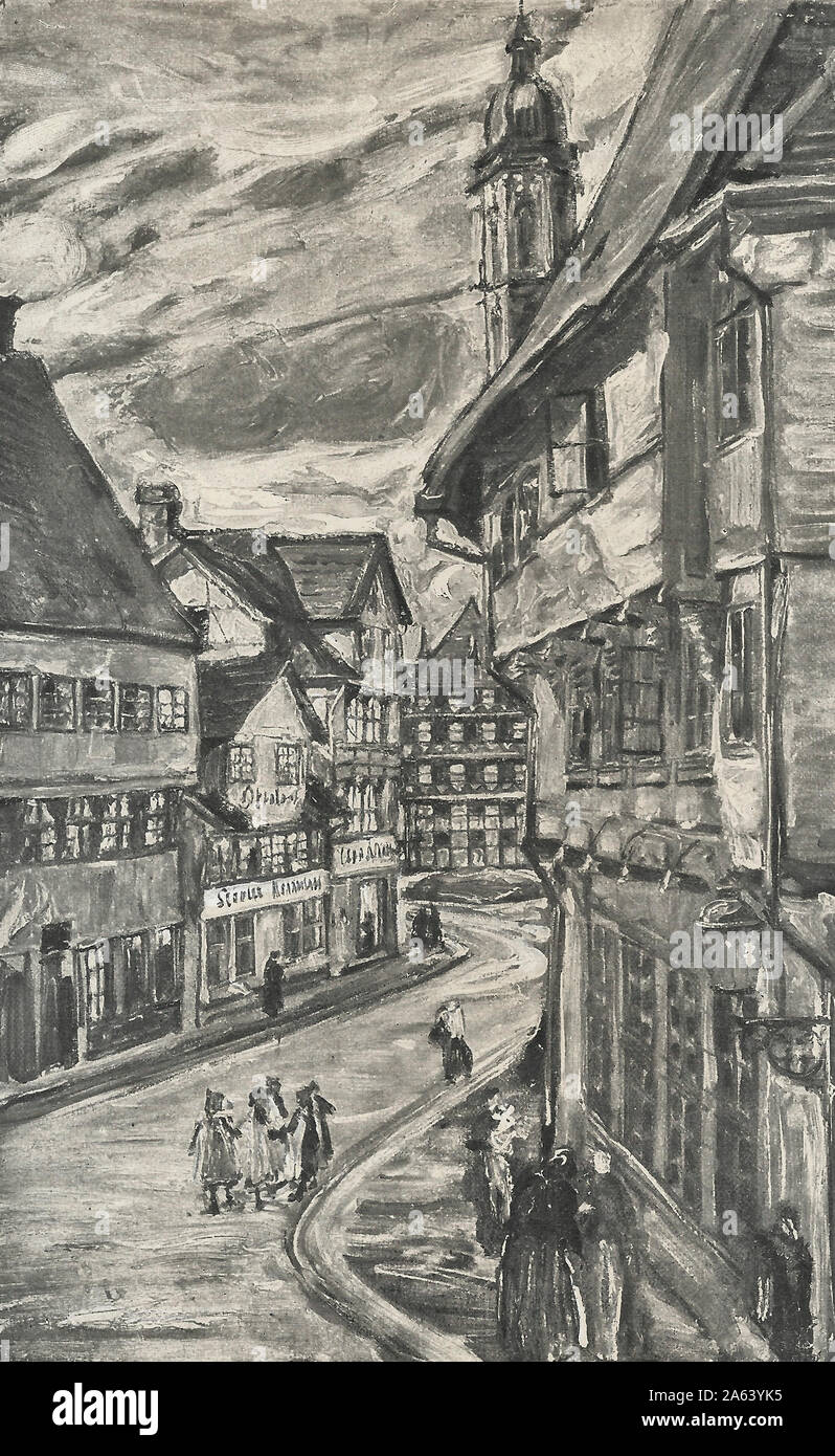 The Alte Wagge, Looking towards St. Andrew's, Brunswick, Germany. Drawn by Gertrude Wurmb, circa 1909 Stock Photo