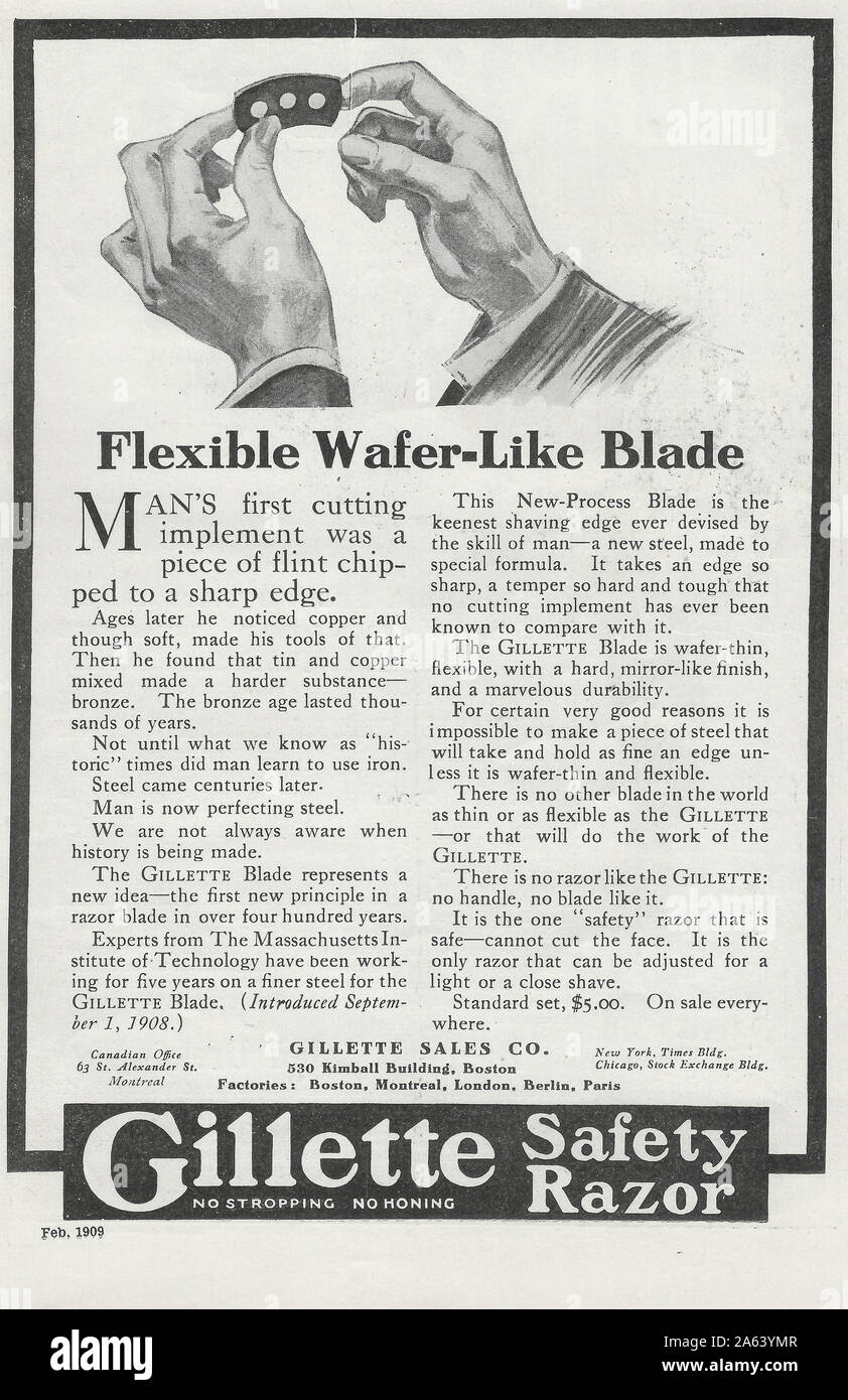 Advertisement for Gillette Safety Razor - Flexible Wafer Like Blade - 1909 Stock Photo