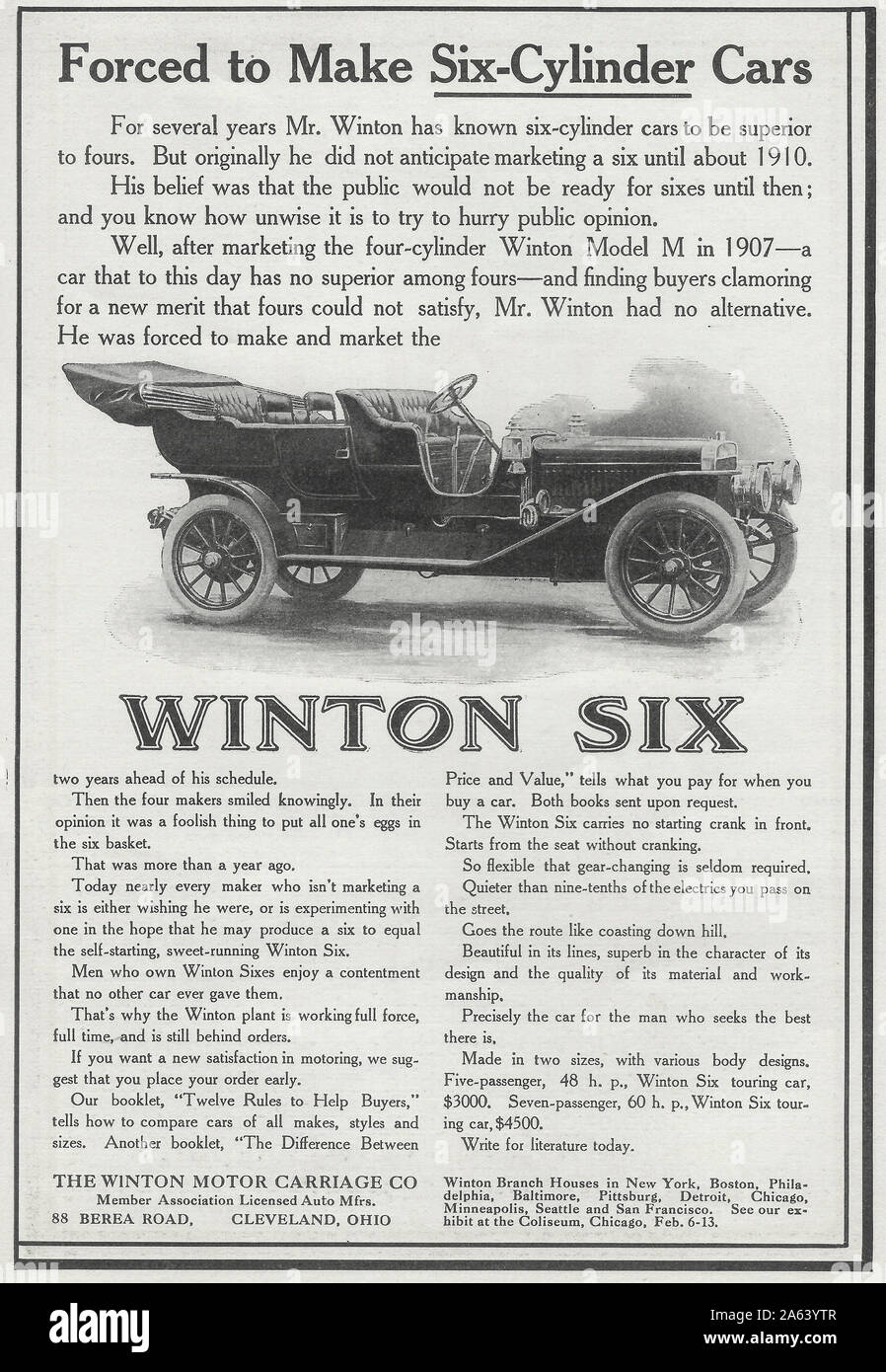 Advertisement for Winton Six - Forced to make six cylinder cars, circa 1909 Stock Photo