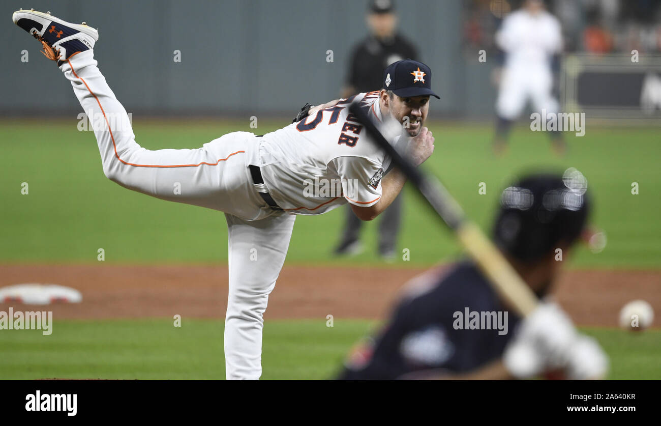 Houston, United States. 23rd Oct, 2019. Houston Astros opener Justin Verlander pitches against the Washington Nationals in the third inning of Game 2 of the World Series at Minute Maid Park in Houston, Texas on Wednesday, October 23, 2019. The Nationals lead the best-of-seven series 1-0. Photo by Trask Smith/UPI Credit: UPI/Alamy Live News Stock Photo