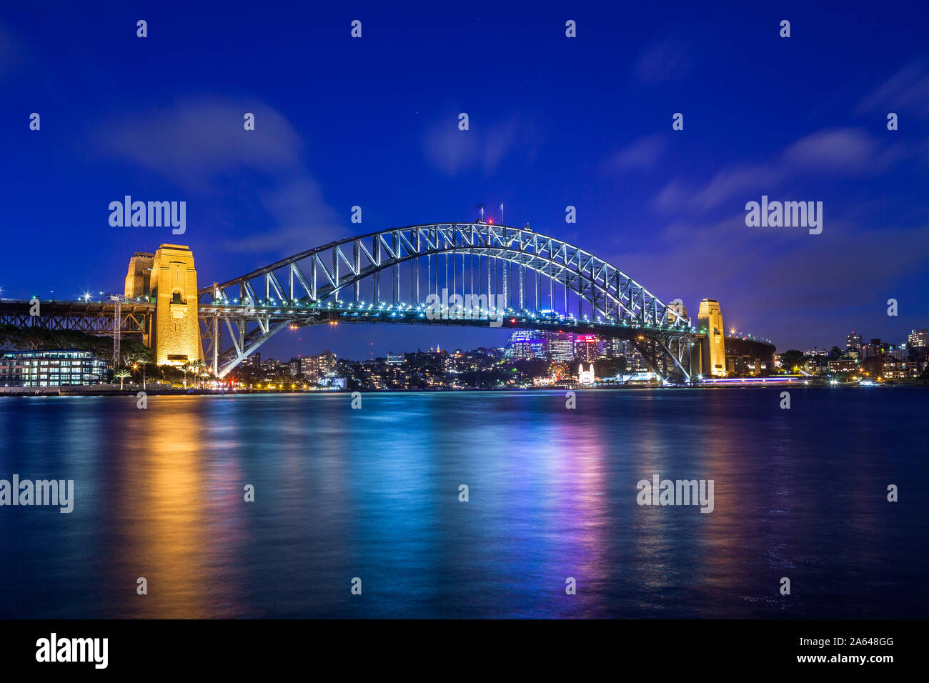 Sydney's iconic Harbour Bridge at night from Circular Quay. Sydney, NSW, Australia Stock Photo