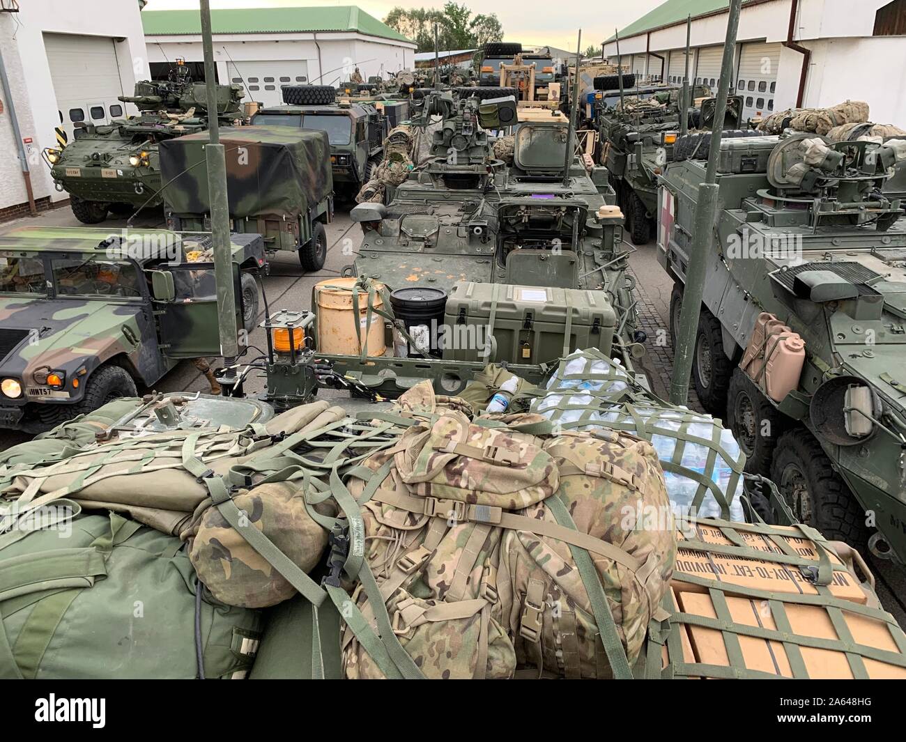 U.S. Soldiers from the Comanche Troop, 1st Squadron, 2d Cavalry Regiment, stop to refuel in Podivín, Czech Republic, during Saber Guardian 2019. Participating elements traveled nearly 1000 miles across Europe during SG19. (U.S. Army photo by 1st Lt. Billy Anse Lacroix) Stock Photo