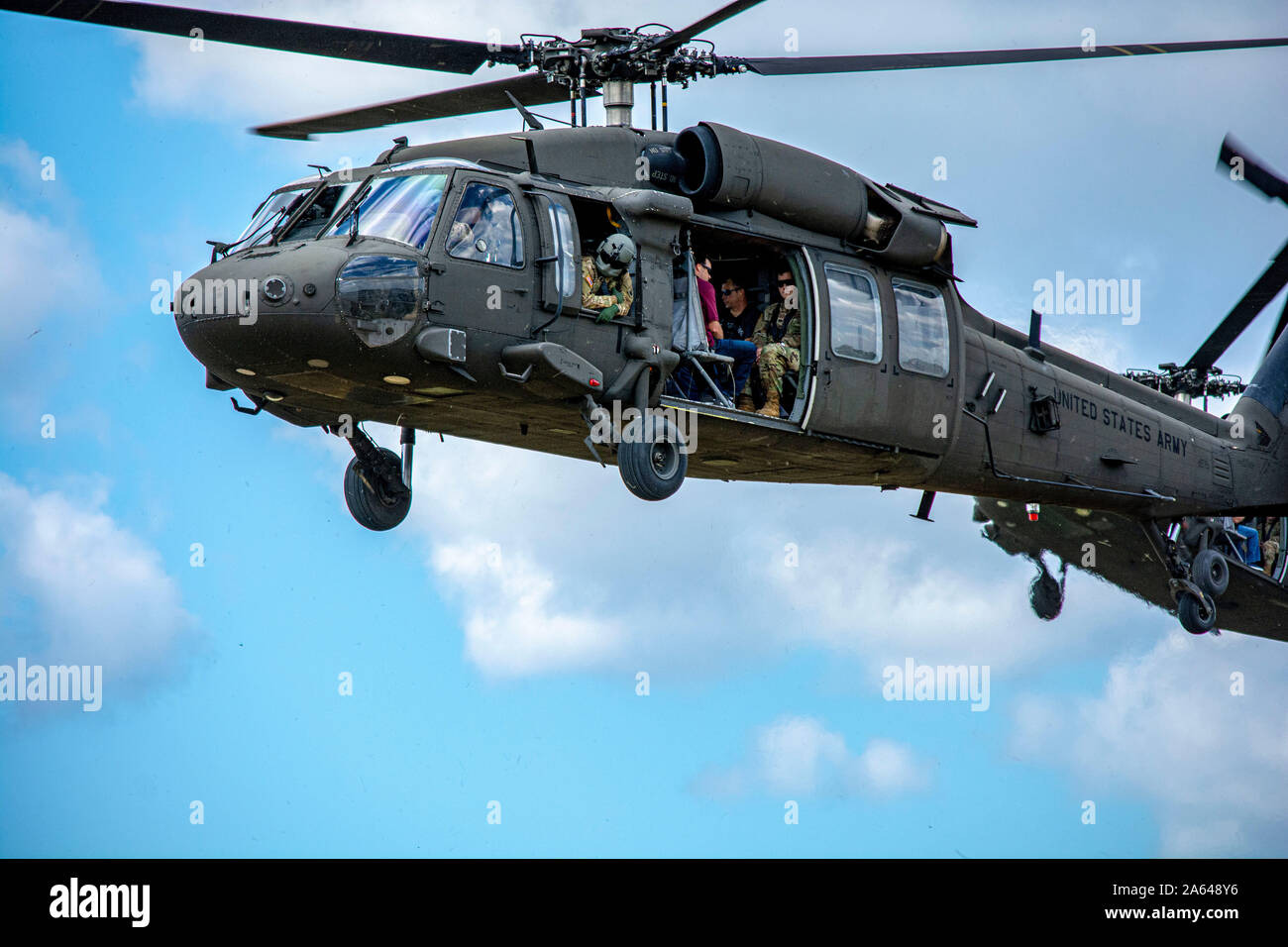 Civilian employers who participated in the Employee Support of Guard and Reserve (ESGR) Boss Lift, hosted by 1st Battalion, 158th Aviation Regiment, 11th Expeditionary Combat Aviation Brigade, got the opportunity to fly in a UH-60 Black Hawk helicopter on Oct. 19, in Conroe, Texas. Stock Photo