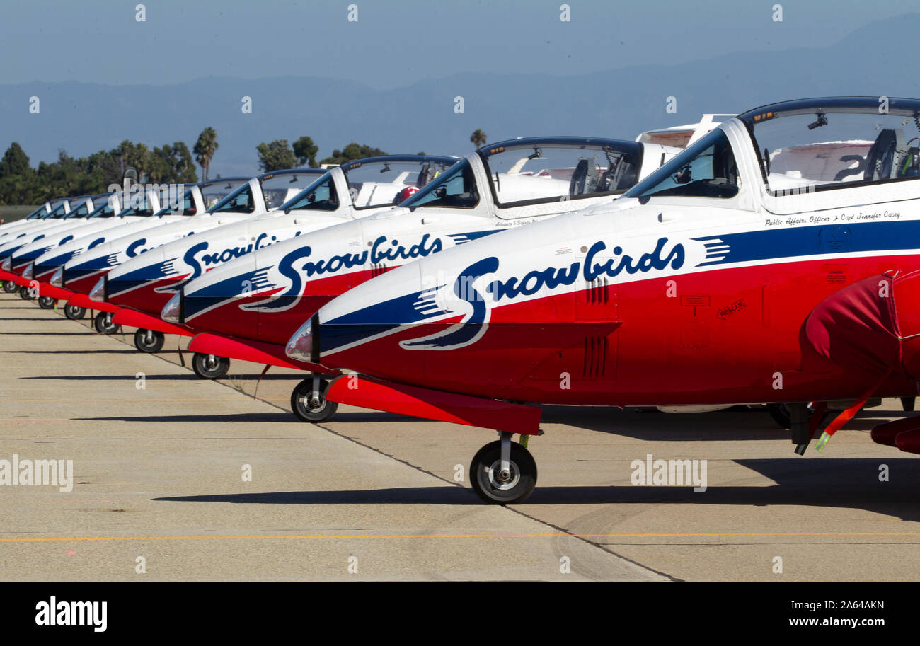 Canadair CT-114 Tutor jets from the Royal Canadian Air Force Snowbirds demonstration team are parked on the ramp of Los Alamitos Army Airfield, Oct. 3, 2019, at Joint Forces Training Base, Los Alamitos, California, to support the Great Pacific Airshow in nearby Huntington Beach. The base serves as a staging area for military demonstration teams and aircrew performing in the show. (U.S. Air National Guard photo by Staff Sgt. Crystal Housman) Stock Photo