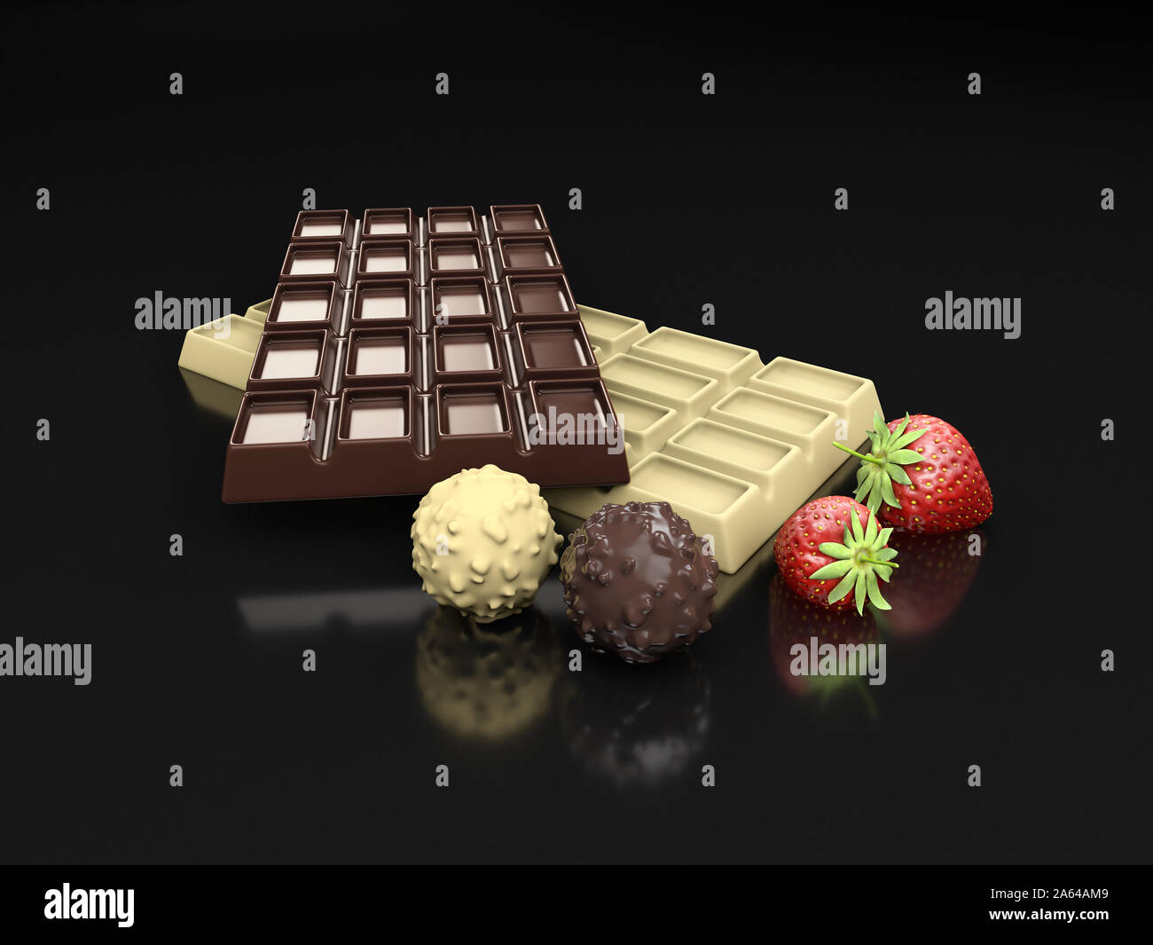 3d rendering of dark and white chocolate bars with strawberry isolated on black. Stock Photo