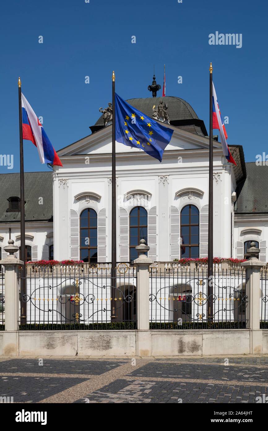 European flag in front of the presidential palace, Palais Grassalkovich, Bratislava, Slovakia Stock Photo