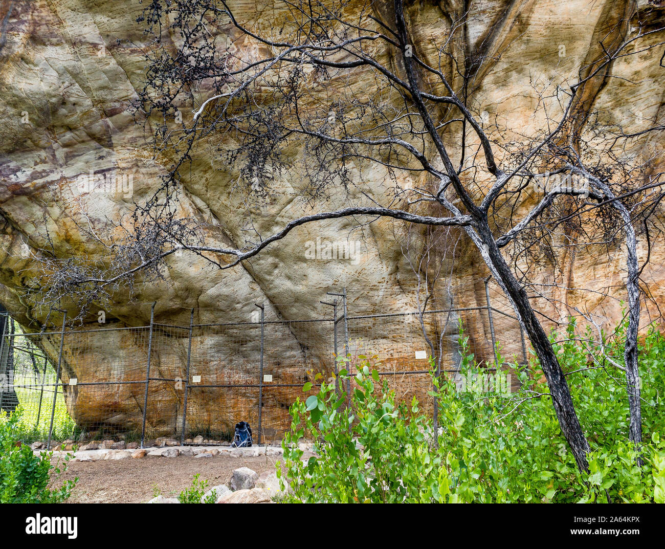 protected cave with a fence for Ancient Aboriginal Art: hand prints, animal herds, spiral, Grampians, australia Stock Photo