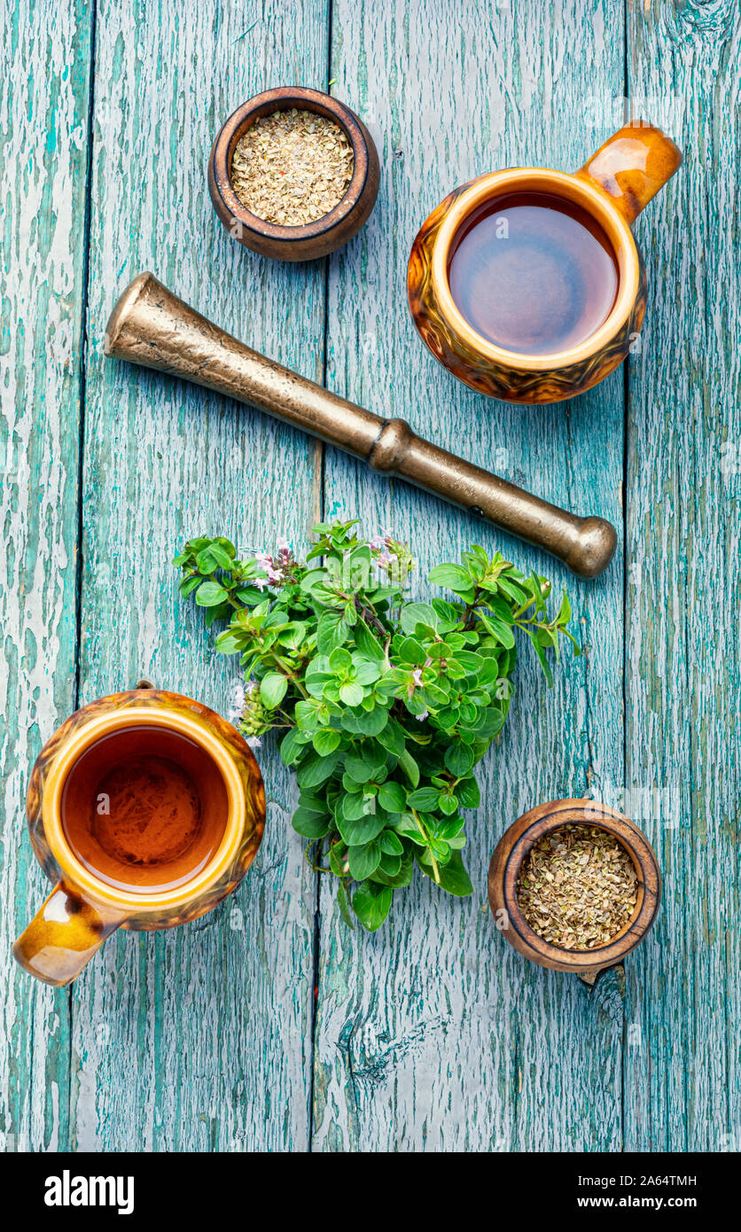 Medicinal tea from marjoram leaves.Herbal tea with oregano Stock Photo