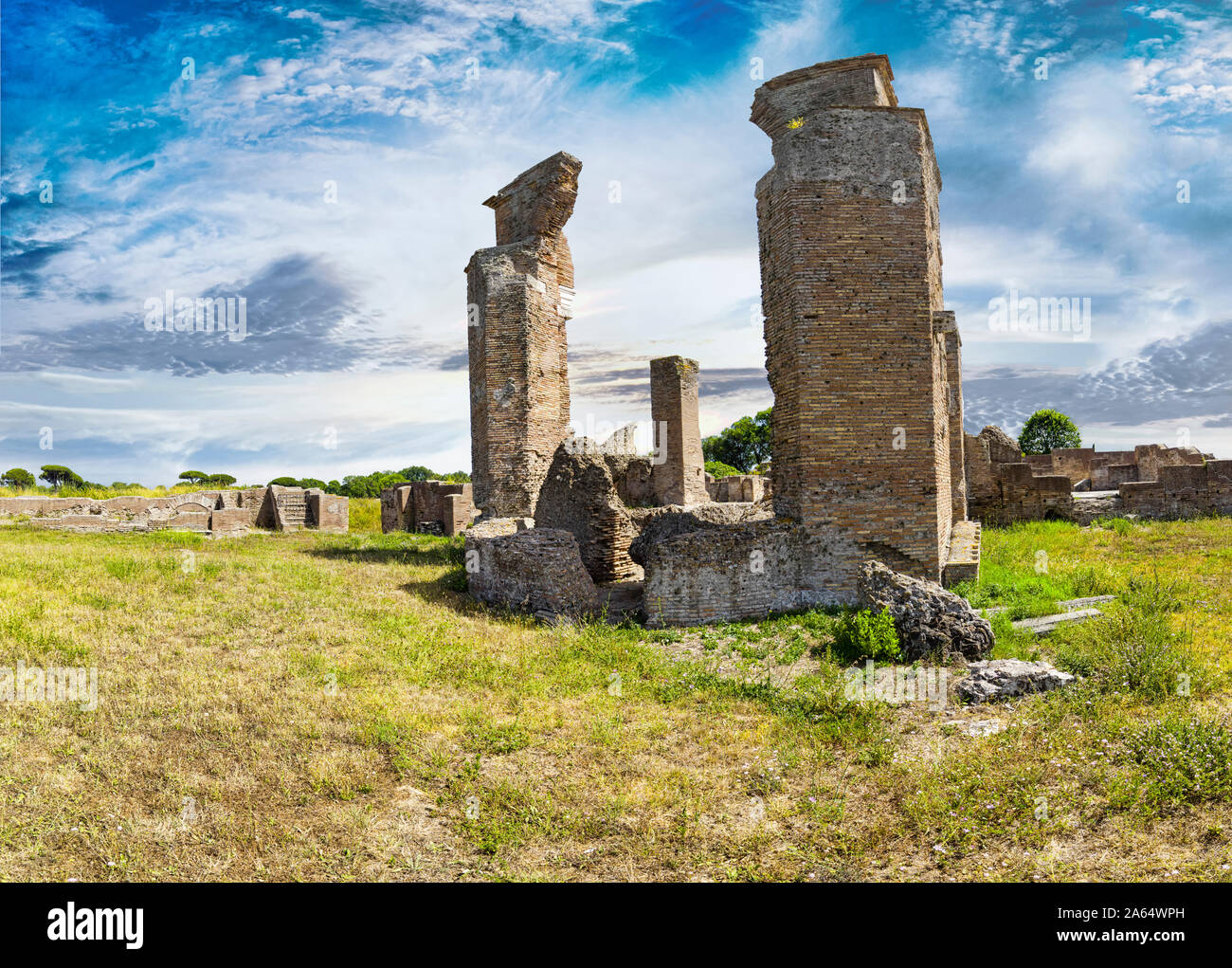 Archaeological excavations of Ostia Antica and beautiful scenery panoramic landscape with the ruins of Marine Door thermal baths and its gym, in Itali Stock Photo