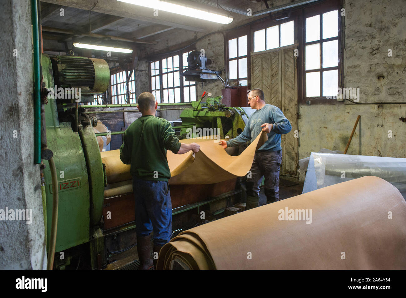 Bellac (central western France). Tannerie Gal, tannery specializing in the vegetable tanning of bovine hides and skins. Wringing Stock Photo