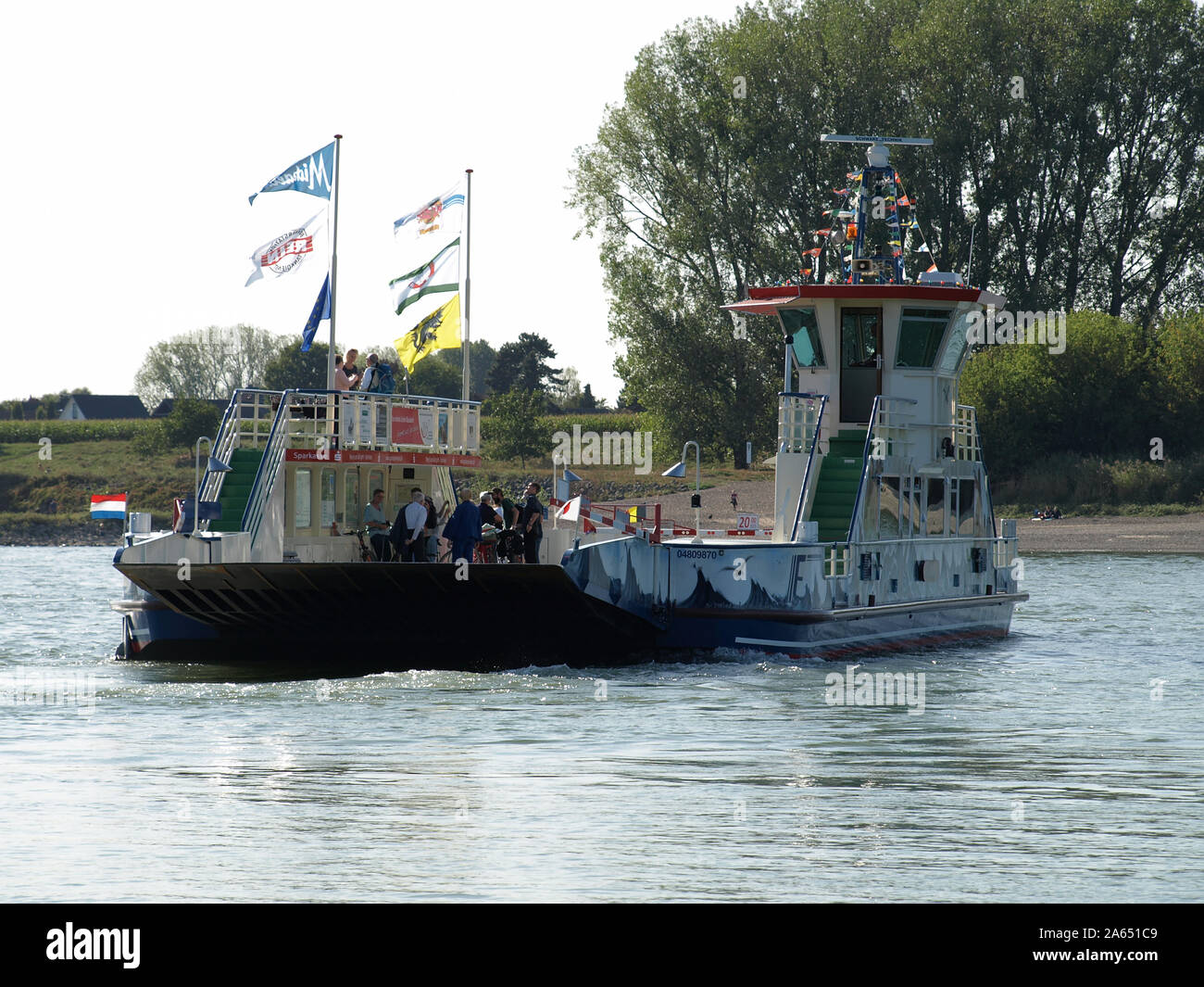 Germany, NRW, Duesseldorf Kaiserswerth. 2019-09-14. Ferry 'Michaela II' between Kaiserswerth and Meerbusch on the river Rhine Stock Photo