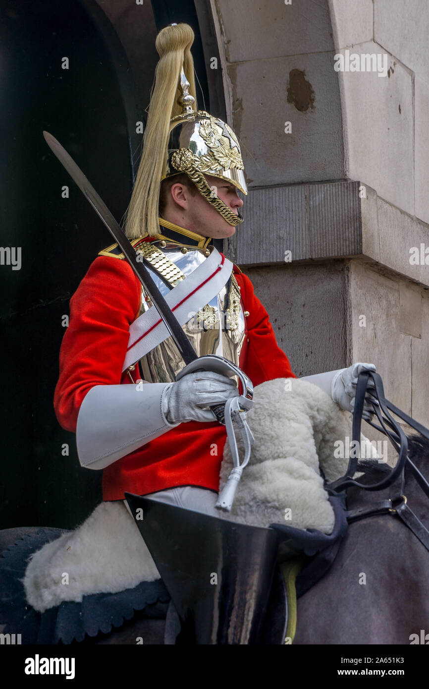 Mounted Queen's Life Guard of the Household Cavalry, Whitehall, London, England, UK Stock Photo