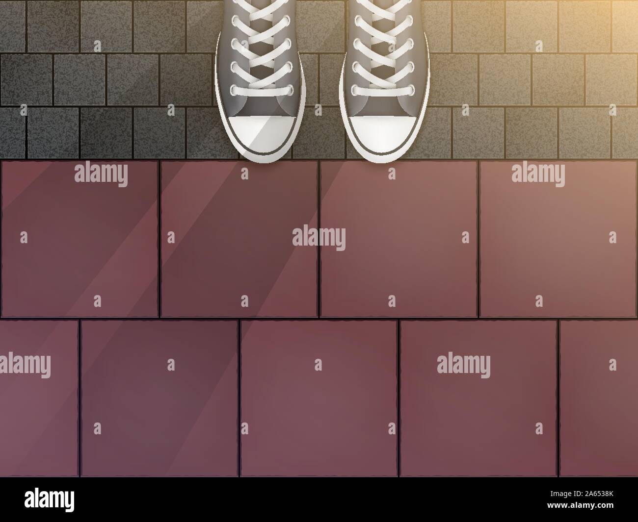 Feet in sneakers on cobblestone pavers Stock Vector