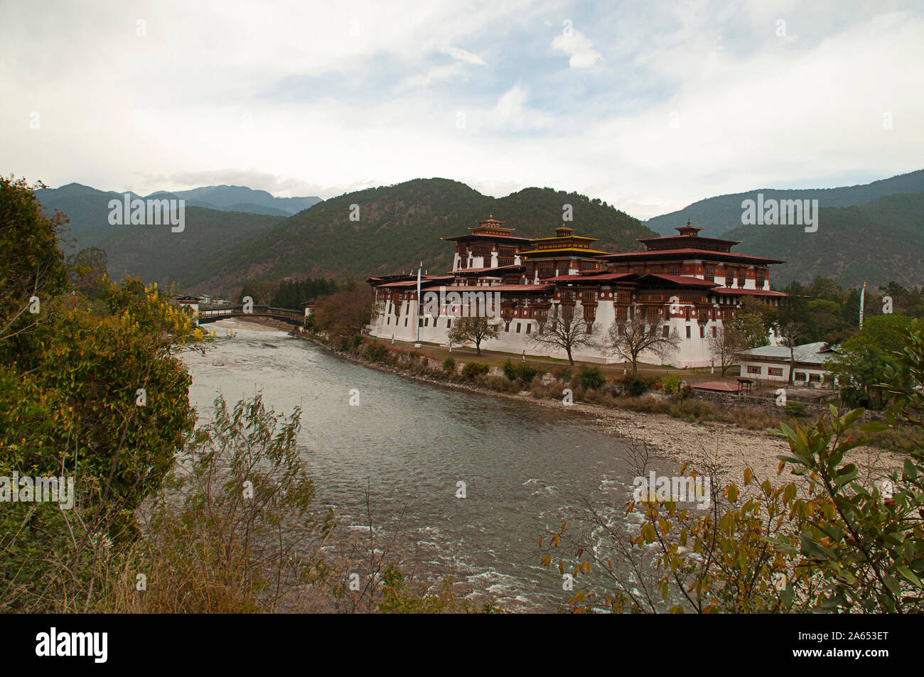 Traditional building at river side in Punakha Dzong in Bhutan Stock Photo