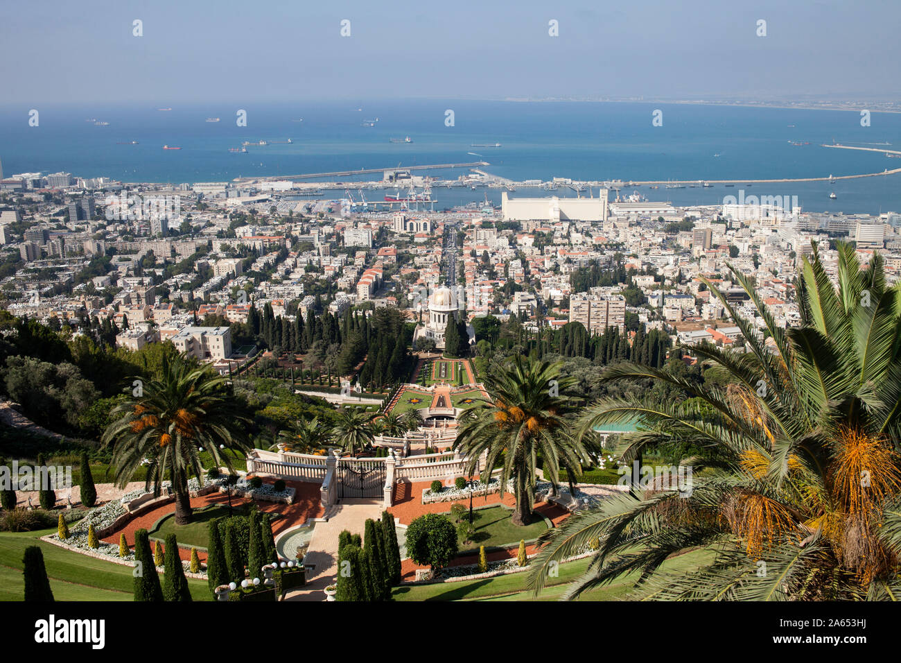Israel: Haifa. Overview of the city and the harbour from the Terraces of the Bahá'í Faith (or Hanging Gardens of Haifa) on Mount Carmel Stock Photo