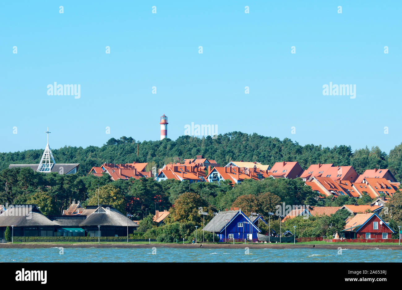 Panoramic view of Nida,a resort town in Lithuania with traditional fisherman's houses in the background.Nida located on the Curonian Spit between the Stock Photo