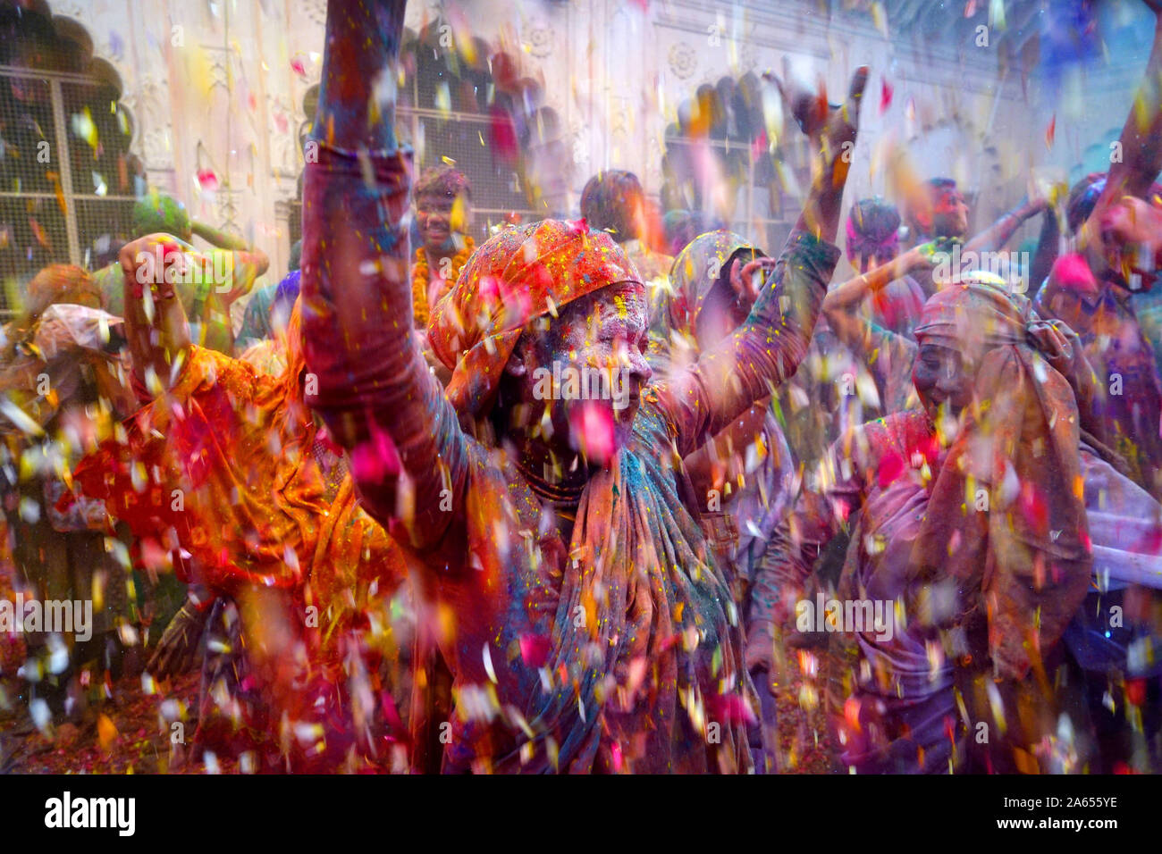 Widows celebrating Holi festival Gopinath temple, Uttar Pradesh, India, Asia Stock Photo