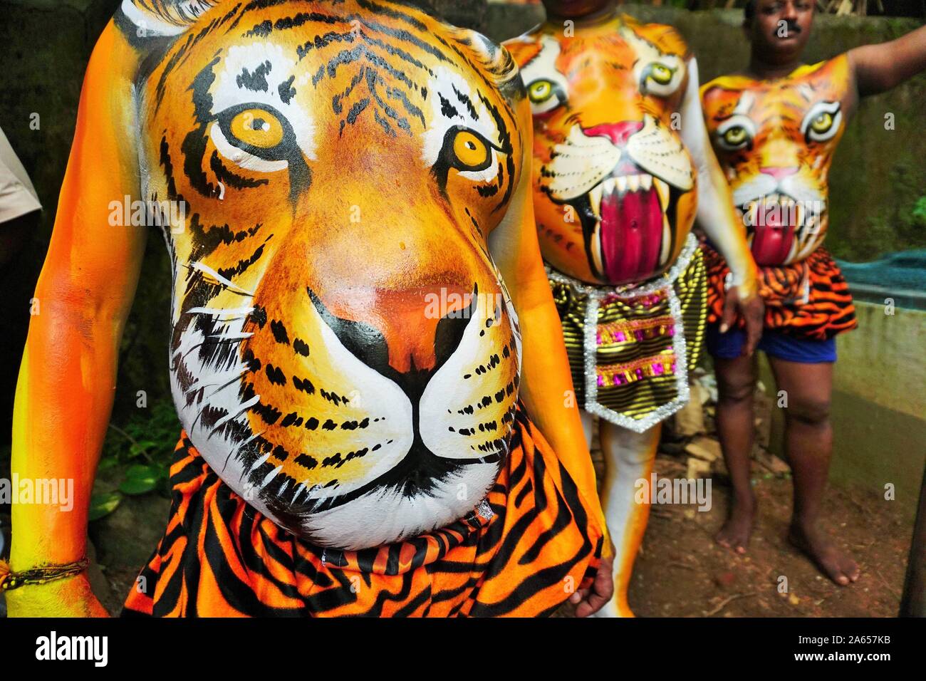 Painted human bodies for Pulikali Tiger Dance, Onam festival, Kerala, India, Asia Stock Photo